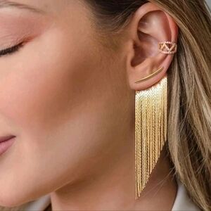 NEW! Classy Elegant Tassel Fringe Dangling Drop Gold Pierced Earrings